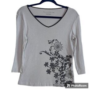 FRENCH LAUNDRY Womens Top Grey with Floral Graphic Design 3/4 Sleeve, Sz S